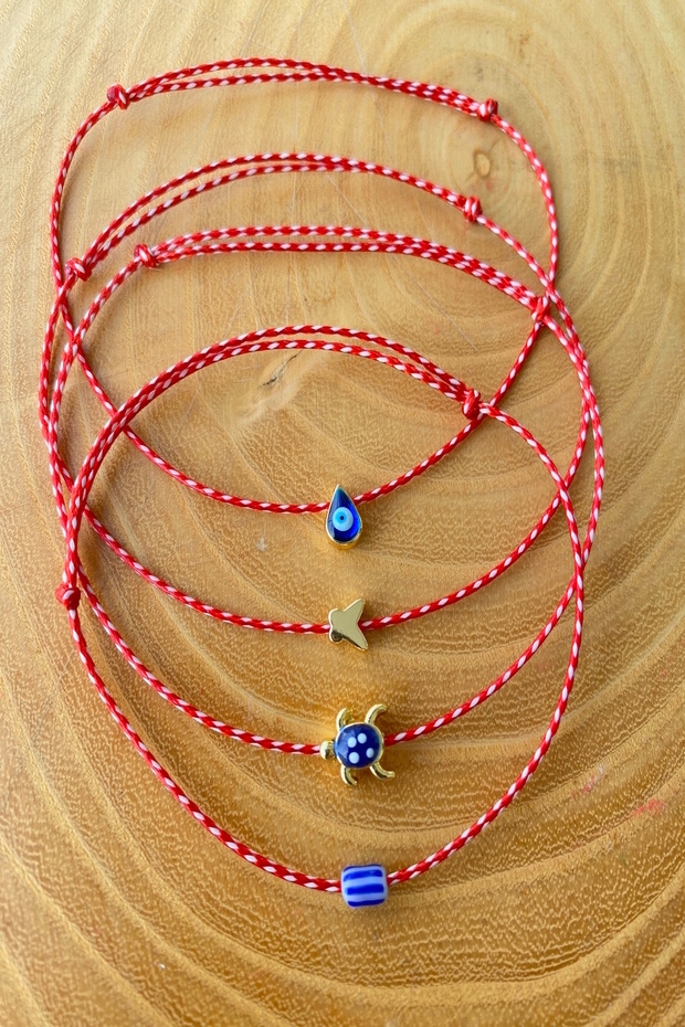 4-Piece Butterfly Evil Eye Bead Bracelet with Turtle Object and Marteniçka Luck Bracelet