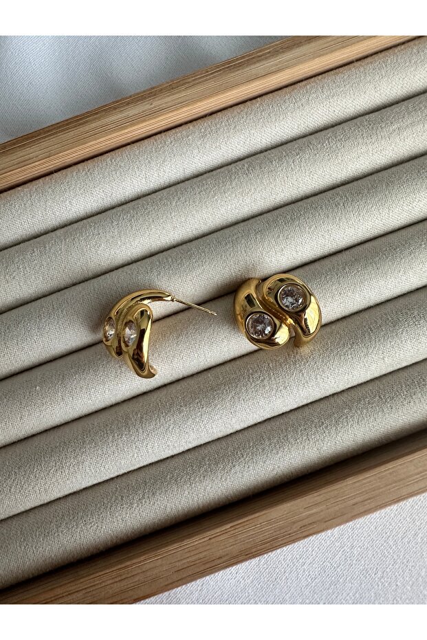 Gold Çelik Çift Taşlı Küpe - 3