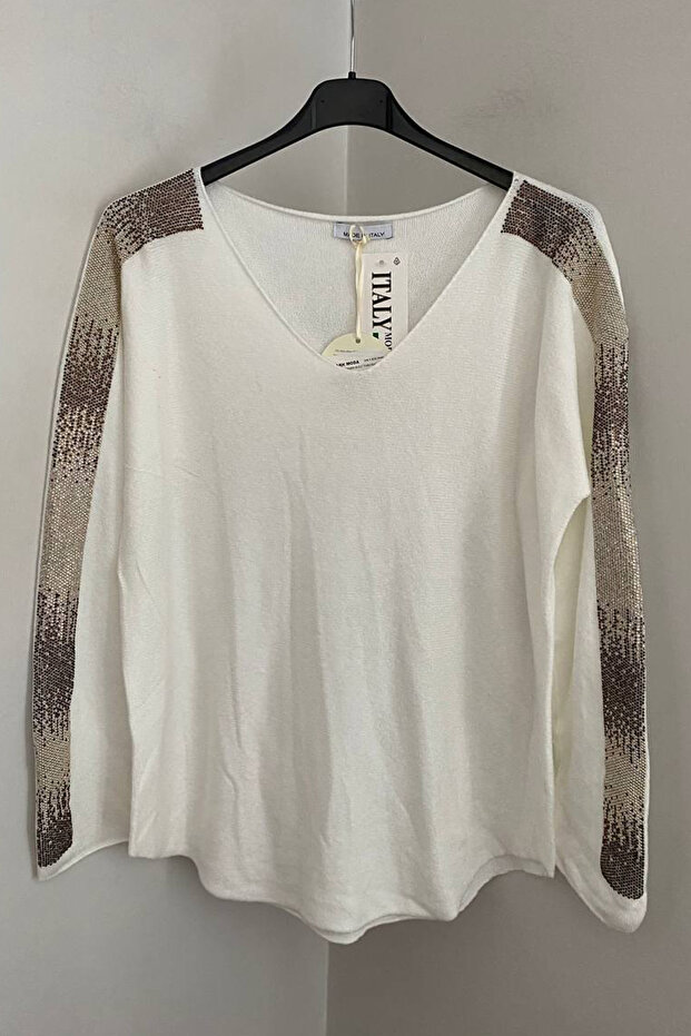 Women's Italian White V-Neck Plain Patterned Sleeve Stone Detailed Blouse Sweater