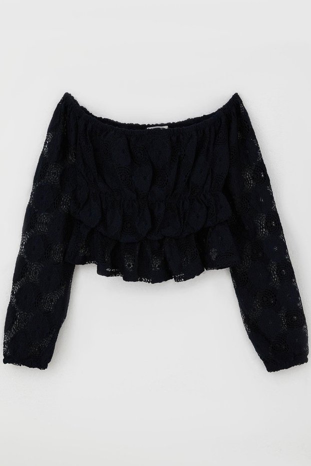Girl's Long Sleeve Lace Crop Blouse with Floral Motif 9-14 Years Old, Navy Blue