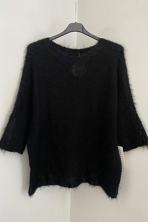Women's Italian Black Round Neck Plain Pattern Fringe Detail Three Quarter Sleeve Bearded Blouse Sweater