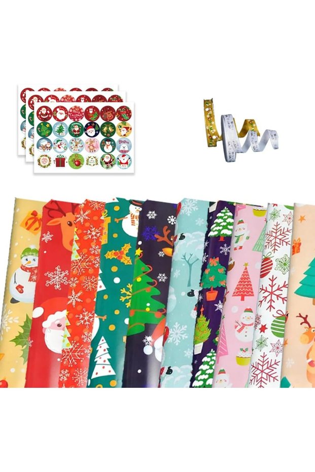 10 sheets of Christmas gift wrapping paper, cute Santa Claus reindeer snowman design gift wrapping p