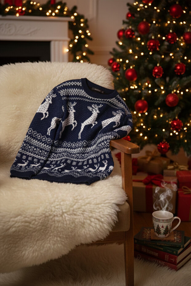Unisex Navy Blue Regular Fit Crew Neck Christmas Deer Themed Knitwear Sweater