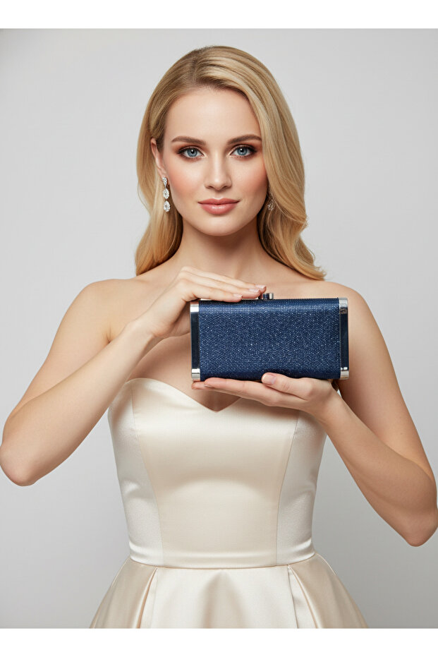 Navy Blue Full Crystal Stone and Metal Frame and Evening Dress Bag