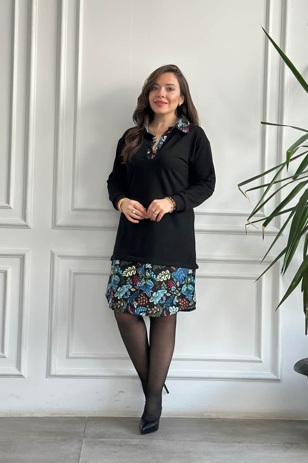 Sweat Dress with Skirt and Collar Flannel Detail