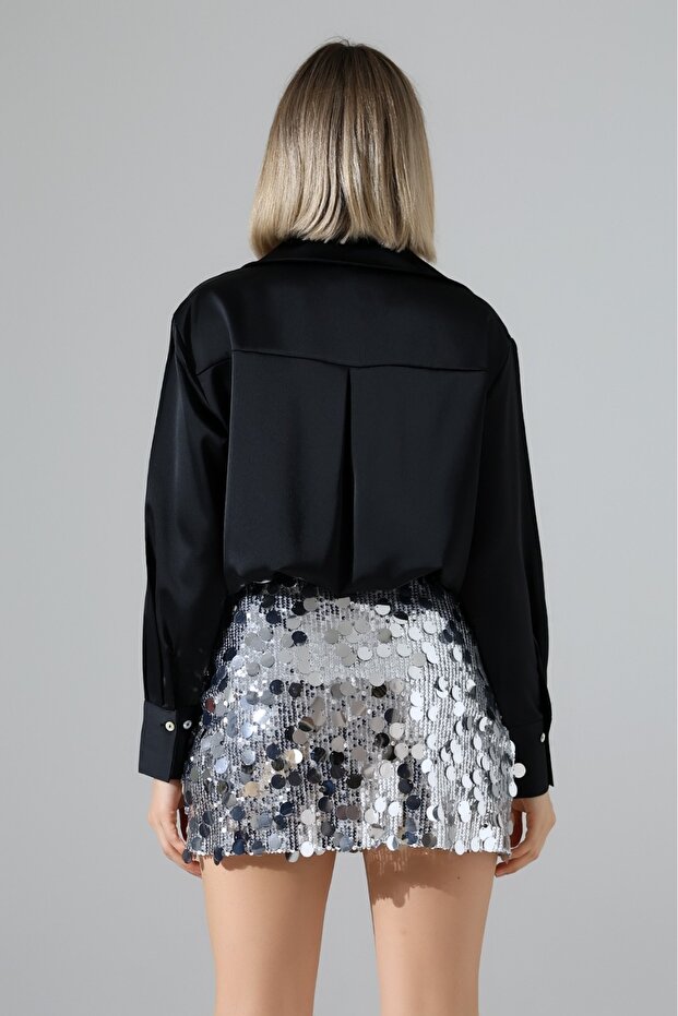 Kadın Pullu Payetli Şort Mini Etek - Gümüş - 4