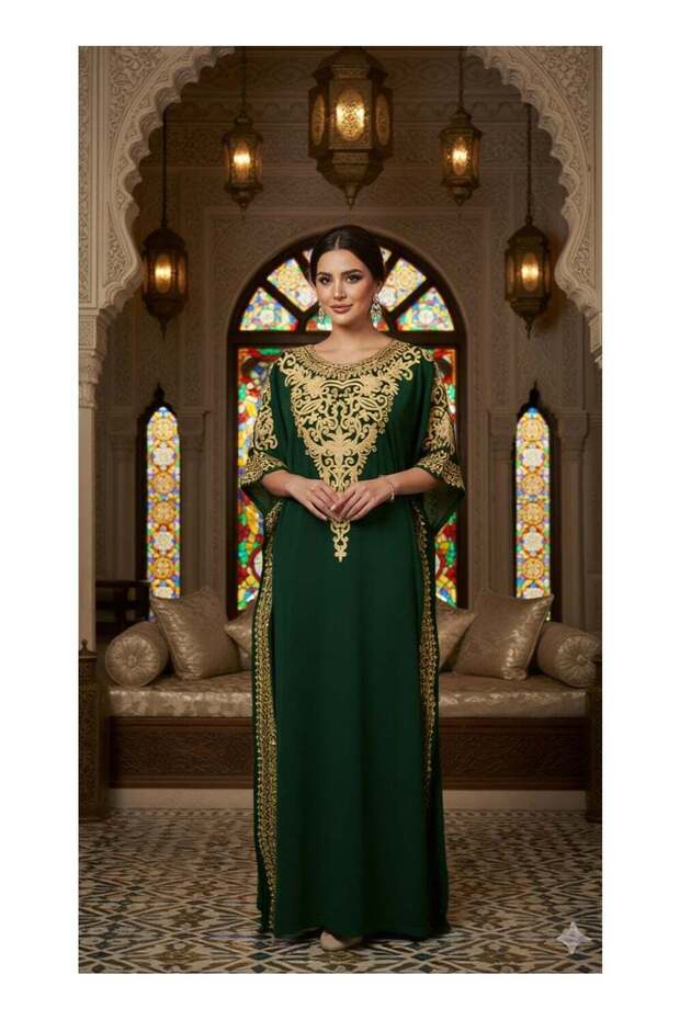 kaftan-Luxury Gold-Embroidered Arabian Kaftan - Premium Chiffon Fully Lined