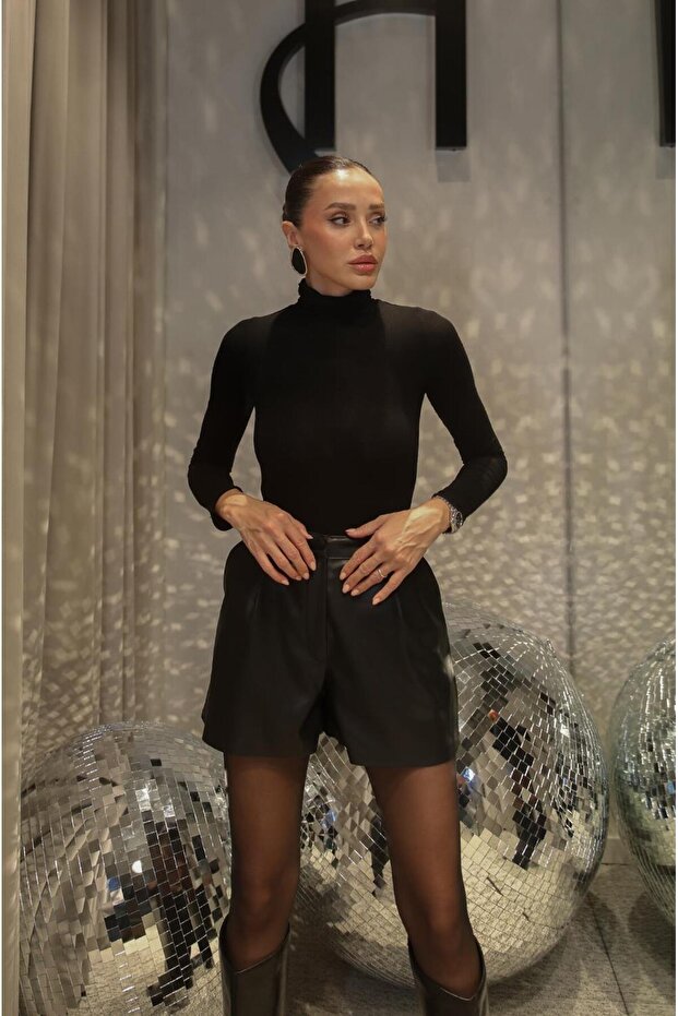 Siyah Toriva Deri Şort - 4