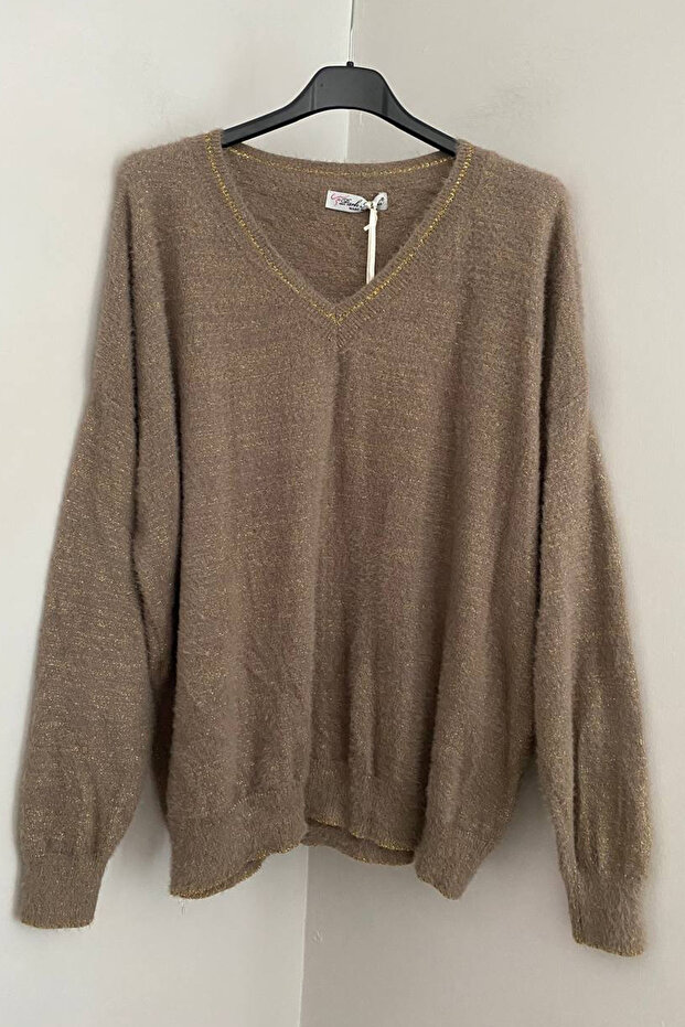 Women's Italian Mink V-Neck Silvery Loose Blouse Sweater