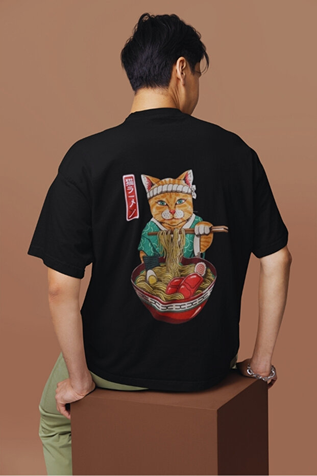 Unisex Oversize T-Shirt Japanese Ramen Cat Print Anime Back Design