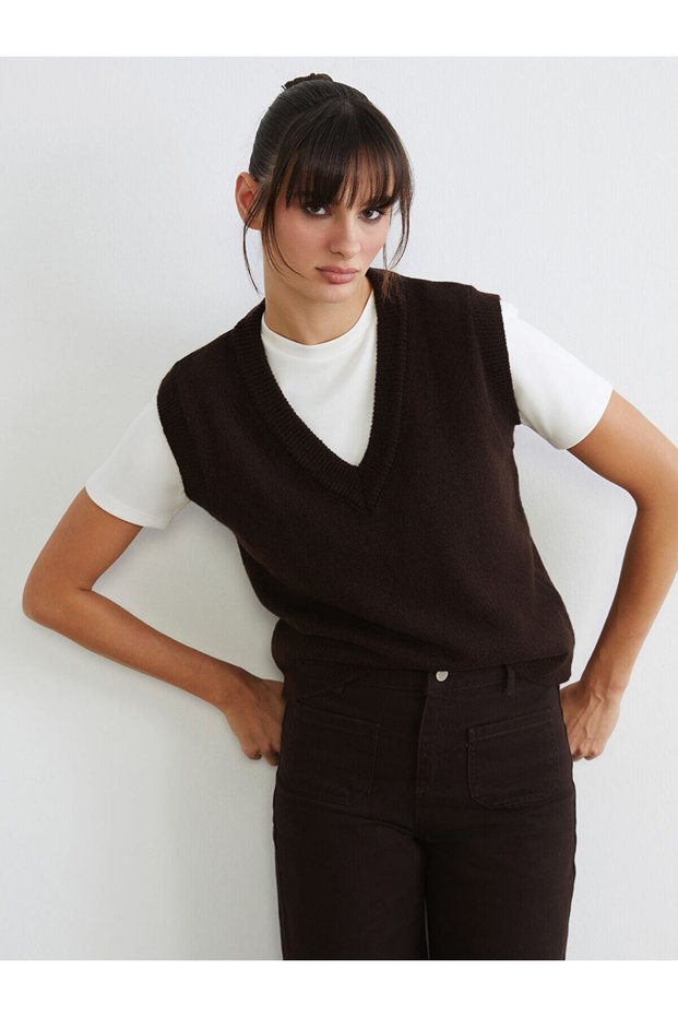 Alita City Lcw Vision Brown Knitwear Plain Women's Sweater with a Difference