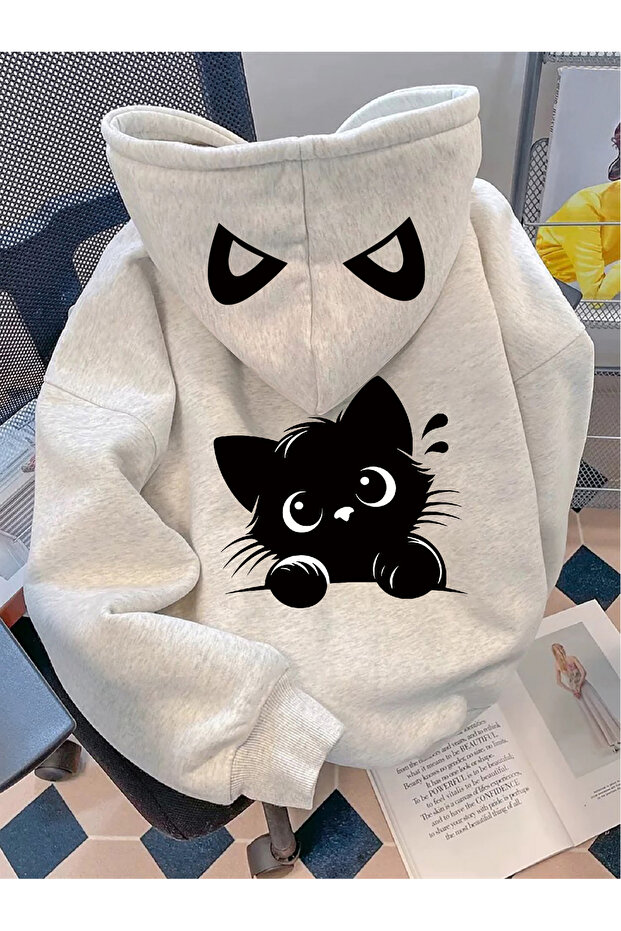 Cat Printed Gray Hooded Sweatshirt for Women