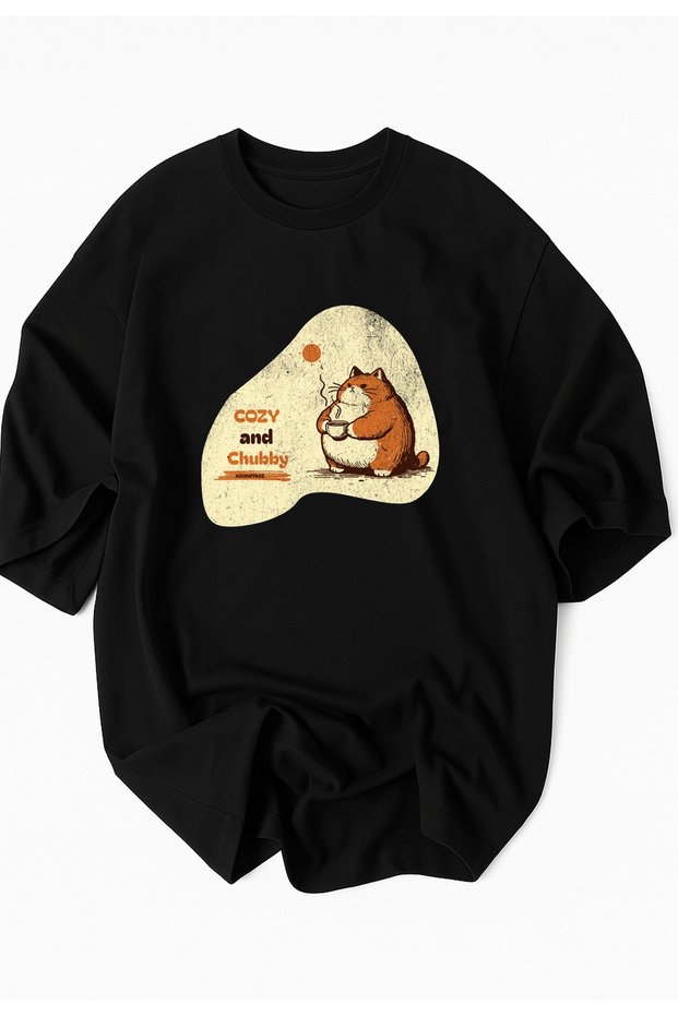 Cozy and Chubby Cute Cat Printed Oversized 100% Cotton- Premium Tshirt