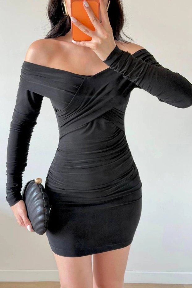 Women's Black Chest Cross Gathered Dress 1041-2732