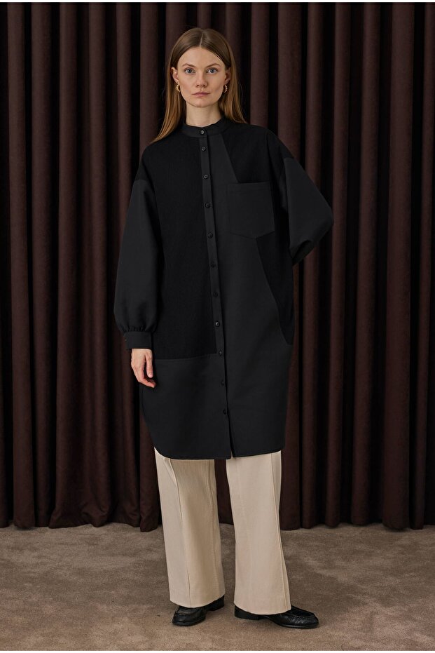 Kadife Garnili Gömlek Siyah - 1