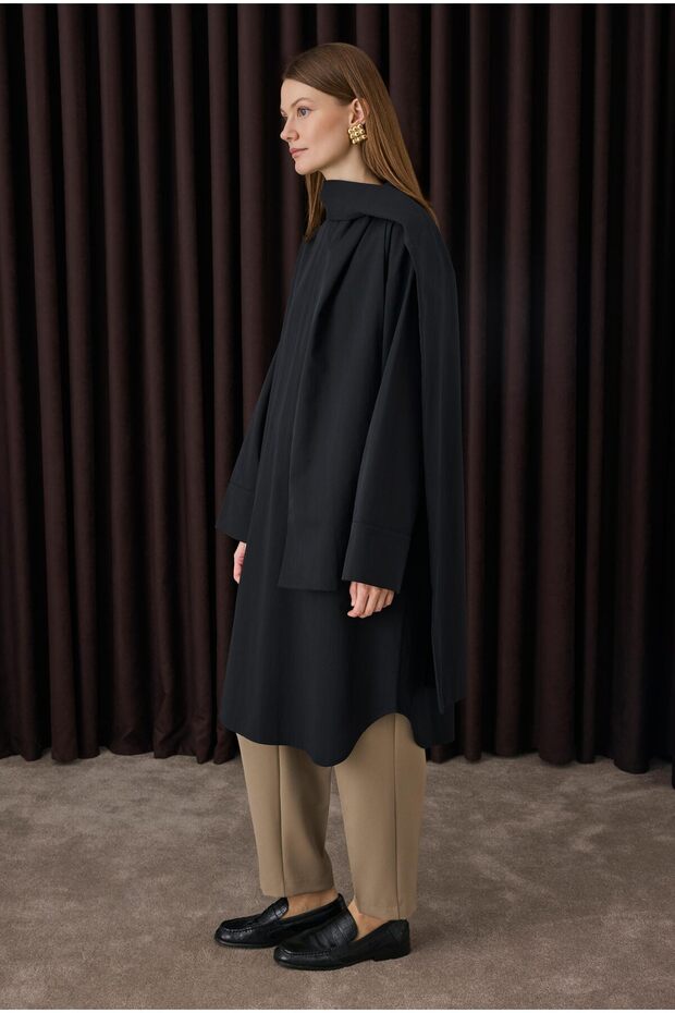 Fular Yaka Gömlek Siyah - 5