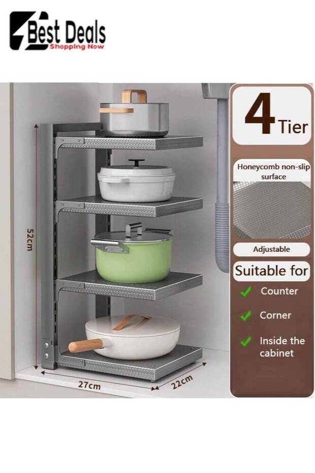 Multi-Layer Adjustable Pot Storage Rack, Honeycomb Surface Non-Slip, Kitchen Floor-To-Ceiling Cookwa