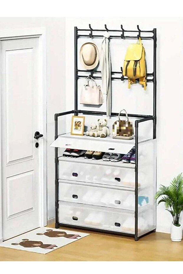 5-Tier Dustproof Shoe and Hat Hanger with Eight Hooks - Entryway/Bedroom Shoe & Bag Rack