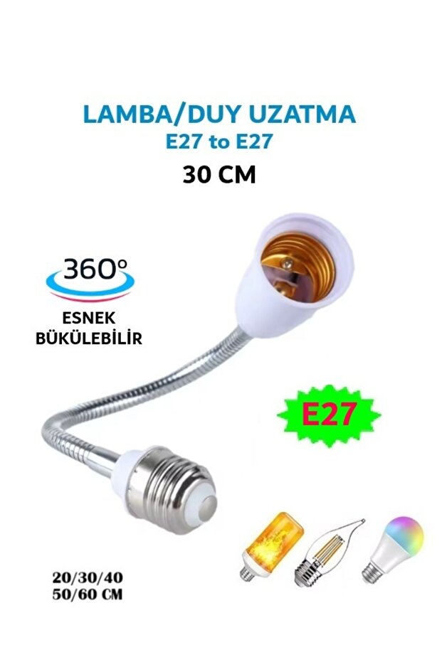 Vwin Lamba / Duy Uzatma -30 Cm- Metal 360 Derece Esnek Bükülebilir E27 To E27