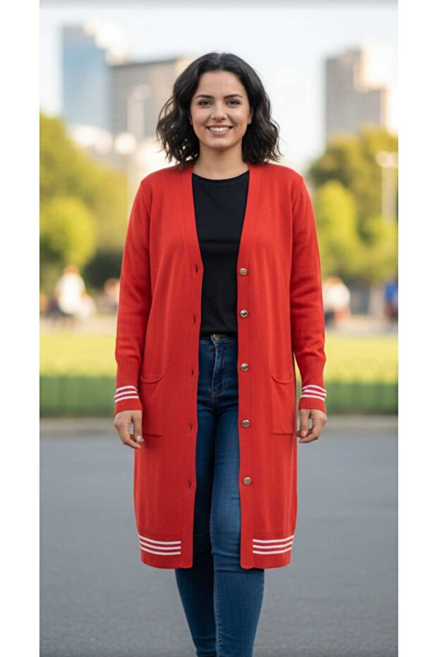 Buttoned Pocket Low Sleeve Relaxed Fit Length 90cm Knitwear Cardigan
