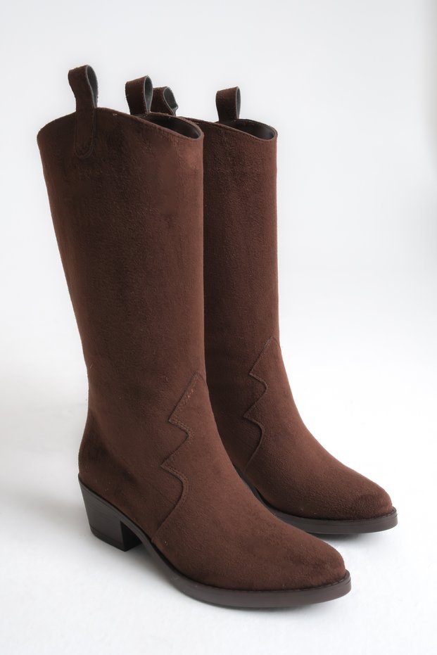 Brown Suede Women's Boots Western Cowboy Below Knee Non-Slip Sole Thick Heeled Cleo