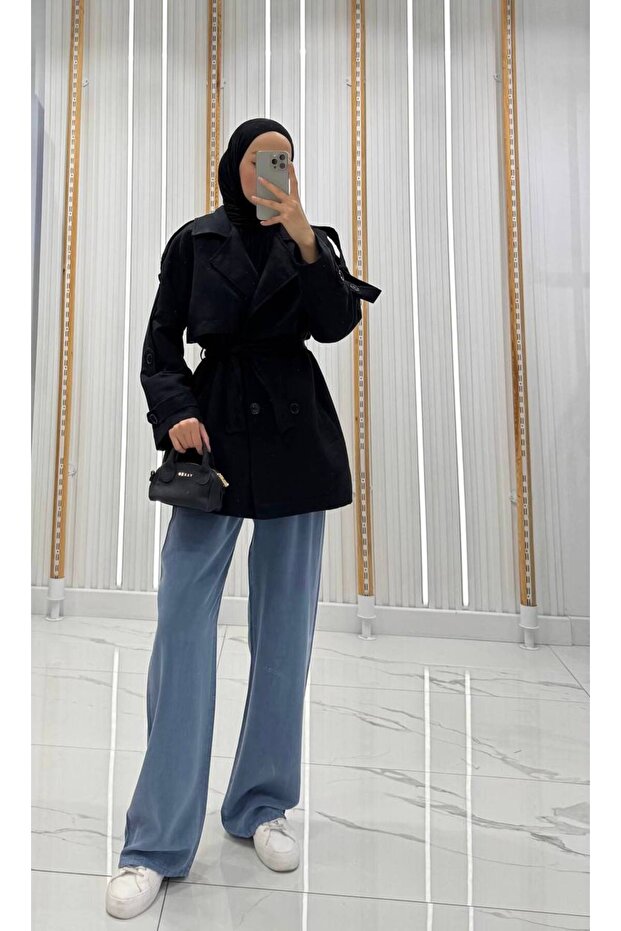 Kadın Kuşaklı Süet Kısa Siyah Trençkot - 4