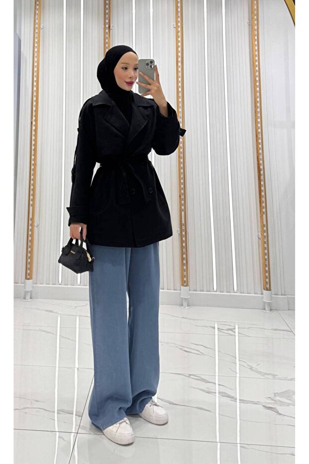 Kadın Kuşaklı Süet Kısa Siyah Trençkot - 3