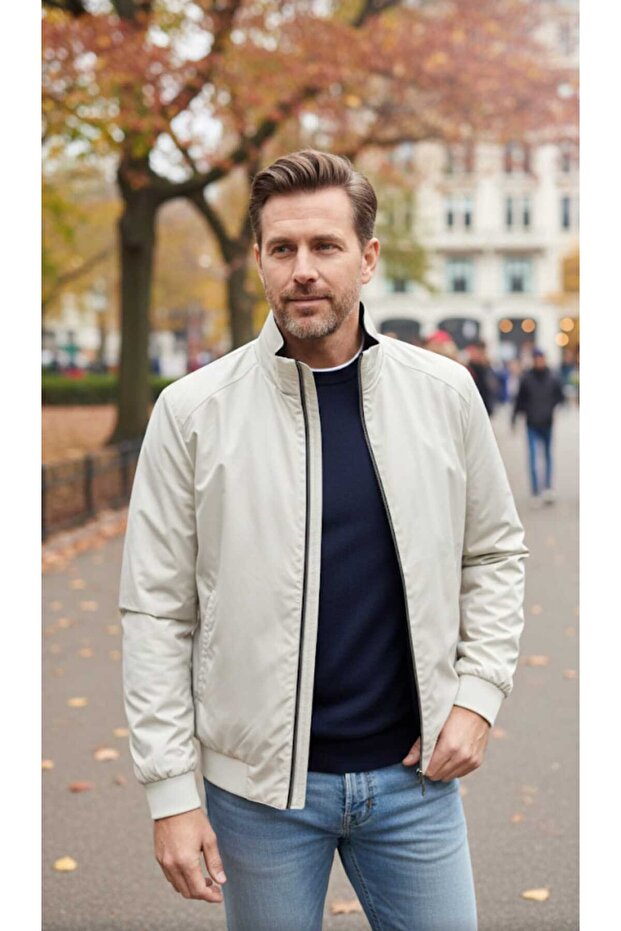 Seasonal Men's Coat with Double-Sided Zipper, Stand-Up Collar, Ribbed Bottom and Sleeves (Elastic).