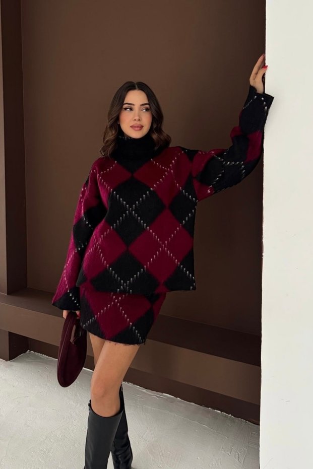 Plaid Oversized Sweater Mini Skirt Knitwear Bottom-Top Set Aw25Au0033