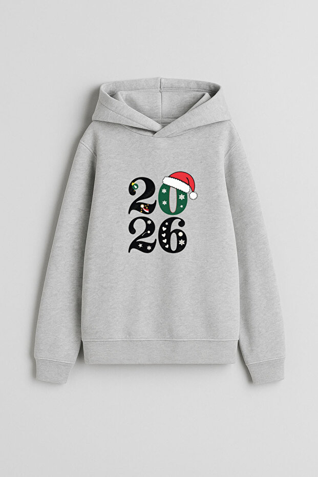 2026 New Year Santa Claus Christmas Printed Gray Hooded Sweatshirt