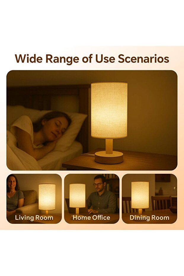 Bedside Table Lamp, Warm USB Charging, Linen Shade & Log Base (Button Switch; Fixed Lighting - 7