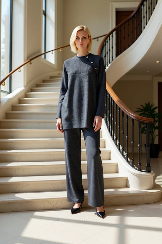 Women's Bottom Top Button Detailed Corded Fabric Collar Long Sleeve Knitwear Sweater and Comfortable Wide Leg Pants Set