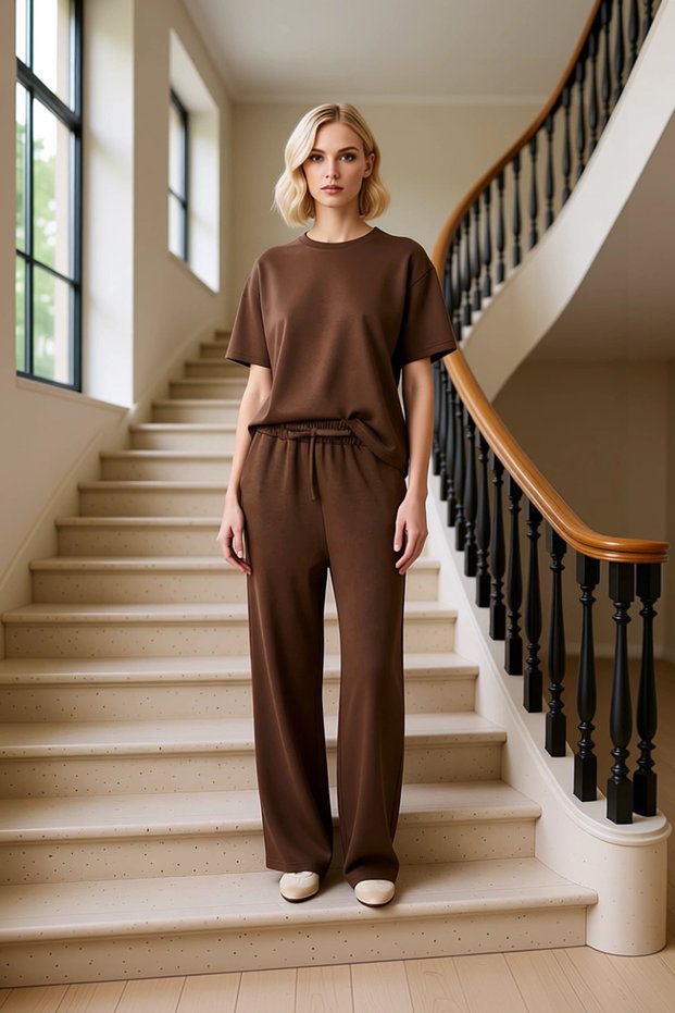 Women's Bottom Top Comfortable Relaxed Fit Short Sleeve Crew Neck T-Shirt and Wide Leg Sweatpants Set