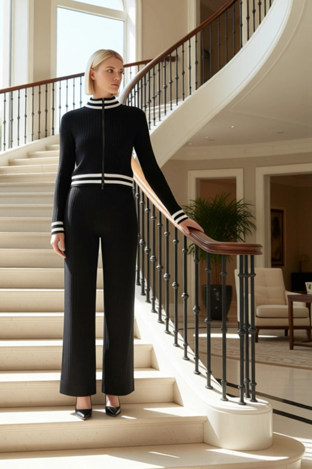 Women's Zippered Crop Knit Jacket and High-Waisted Wide-Leg Knit Pants Set