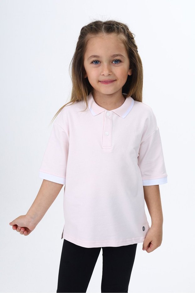 Girl's Printed Polo Neck Snap Fastener Short Sleeve Slit T-Shirt
