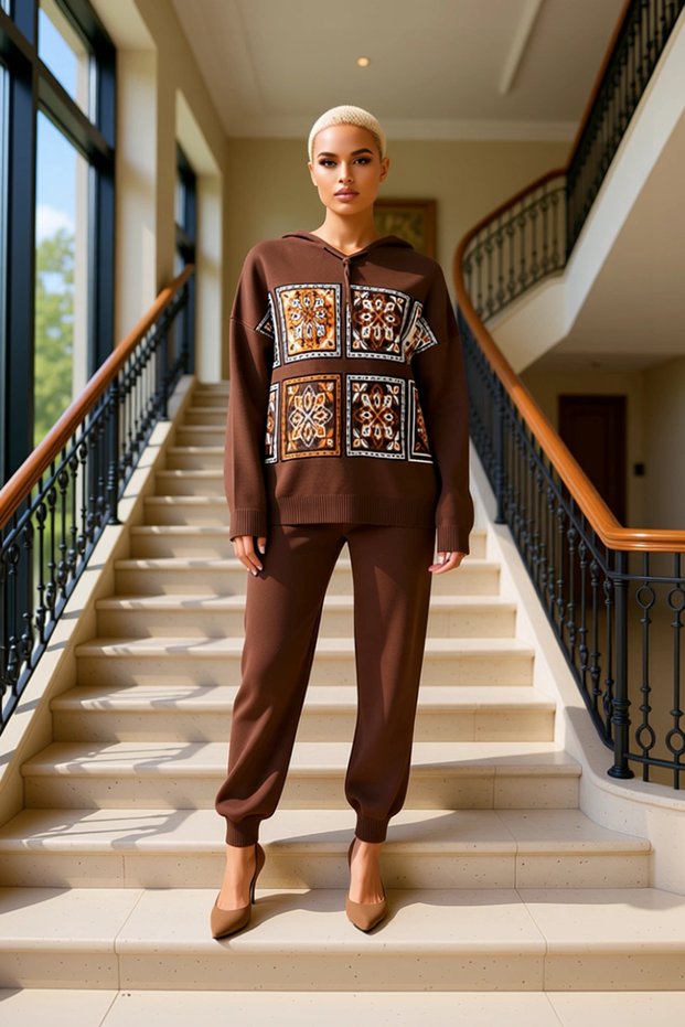 Women's Top and Bottom Ethnic Patterned Hooded Knitwear Top and Relaxed Cut Bottom Set Daily Chic Functional