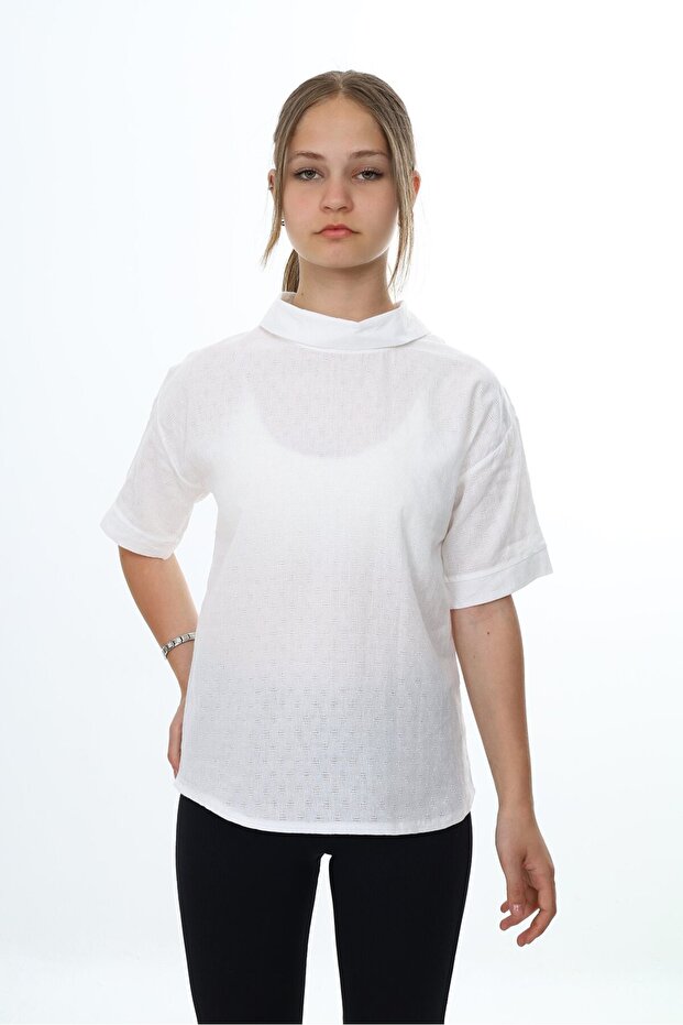 Girl's Mock Neck Short Sleeve T-Shirt - Textured Fabric