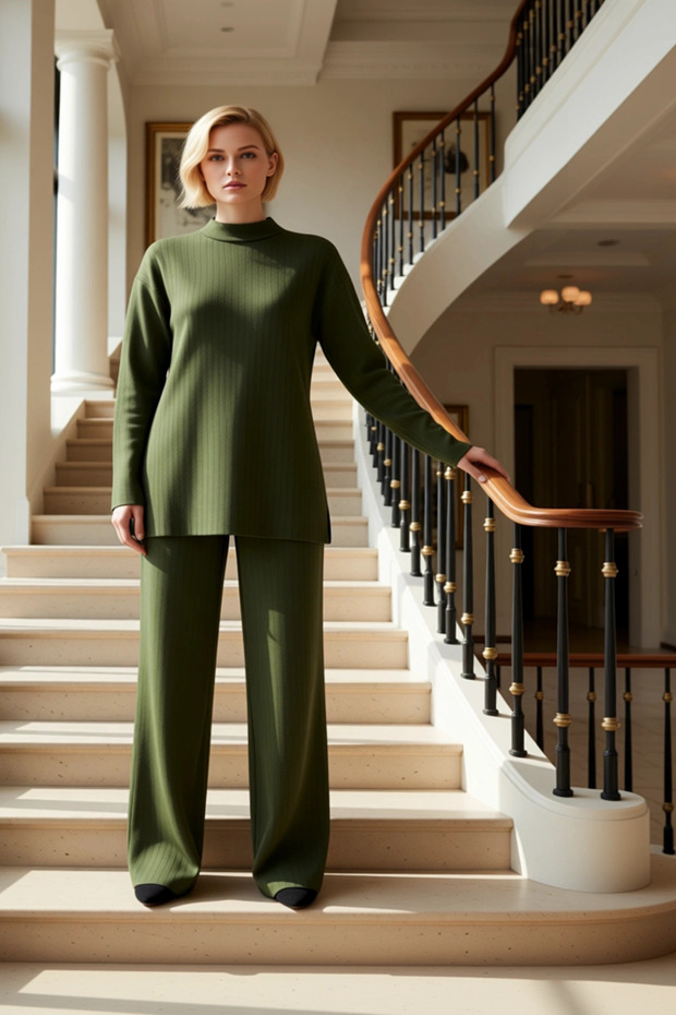 Women's Bottom Top Wide Fit Mock Neck Long Sleeve Knitwear Top and Wide Leg Pants Set Casual Chic