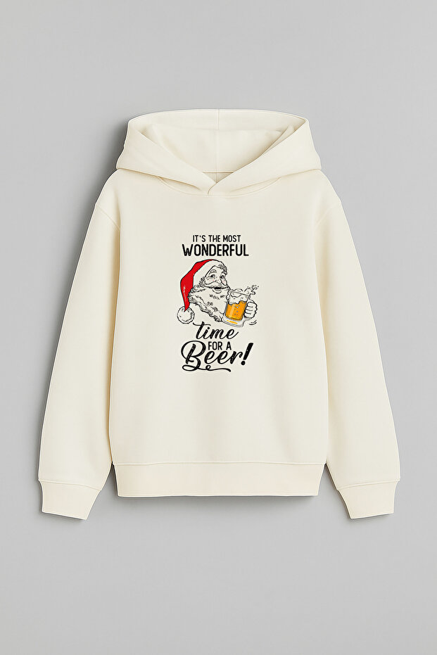 Bira Beer New Year Santa Claus Christmas Printed Ecru Hooded Sweatshirt