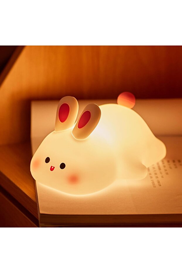 Big Face Rabbit Night Light for Kids Silicone Lamp, USB Rechargeable 3-Level Dimmable with 30-Min Ti