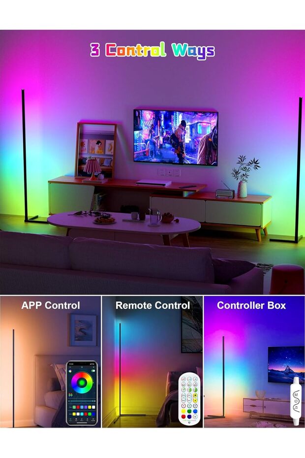 165cm Corner Smart RGB Floor Lamp, Dimmable LED with Music Sync & App/Remote Control - 3