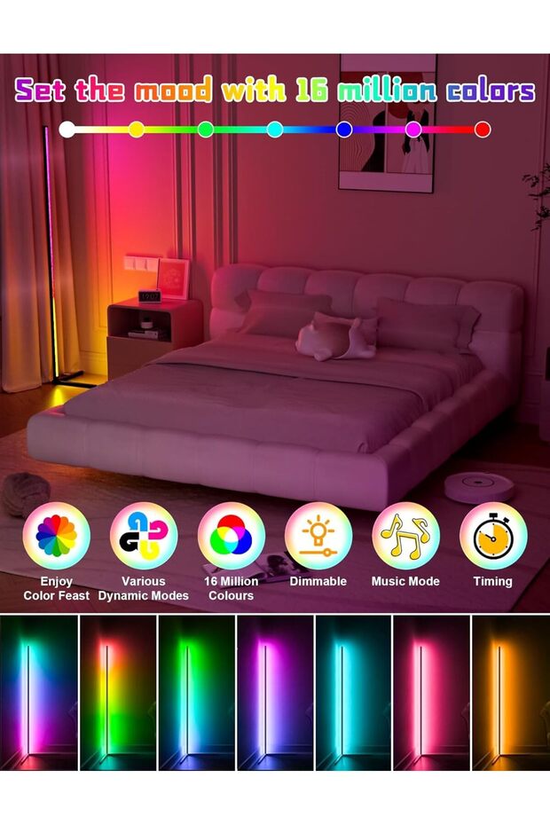 165cm Corner Smart RGB Floor Lamp, Dimmable LED with Music Sync & App/Remote Control - 4