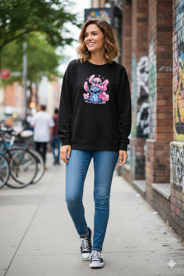 Women's Stitch and Angel Printed Black Crew Neck Sweatshirt