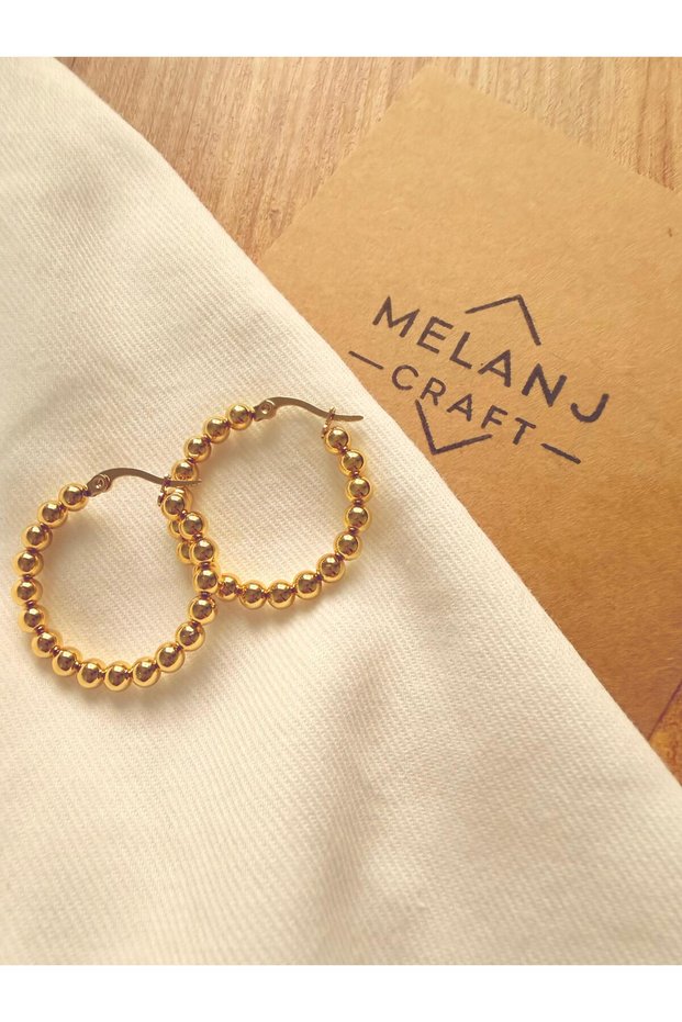 Beaded Hoop Steel Earrings - Gold