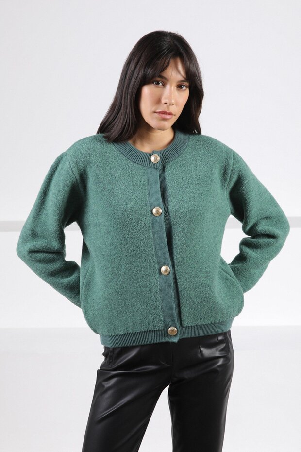 Green Buttoned Round Neck Boucle Women's Knitwear Cardigan