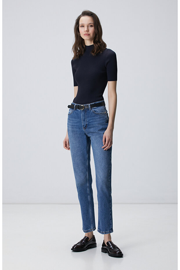 Lacivert Örgülü Dik Yaka Rayon Basic Kazak - 3