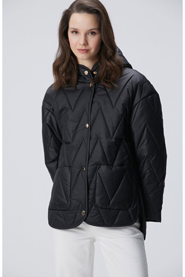 Siyah Zigzag Kapitone Mont - 1