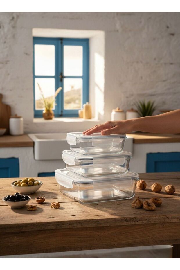 Set of 3 Borosilicate Glass Square Storage Containers, Oven and Microwave Compatible