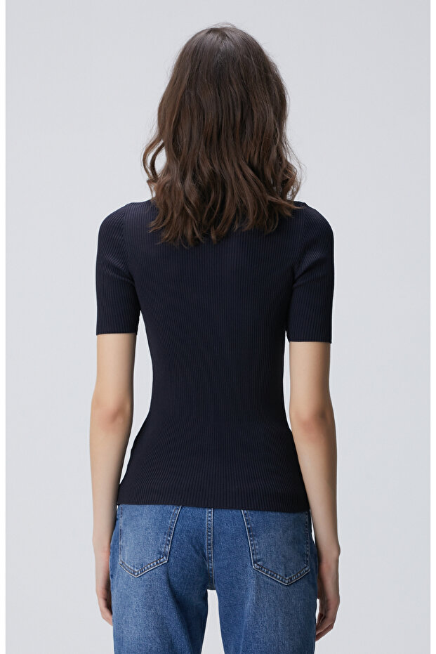 Lacivert Örgülü Dik Yaka Rayon Basic Kazak - 5