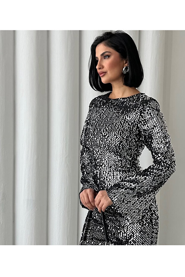 Payetli uzun kol elbise - 4